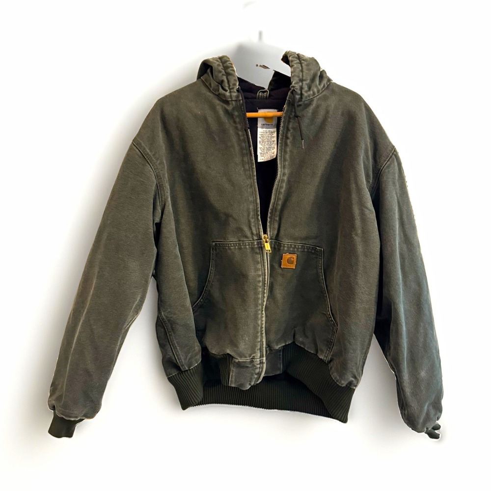 Carhartt Men's XL Green Hooded Lined Full Zip Bomber Jacket Workwear